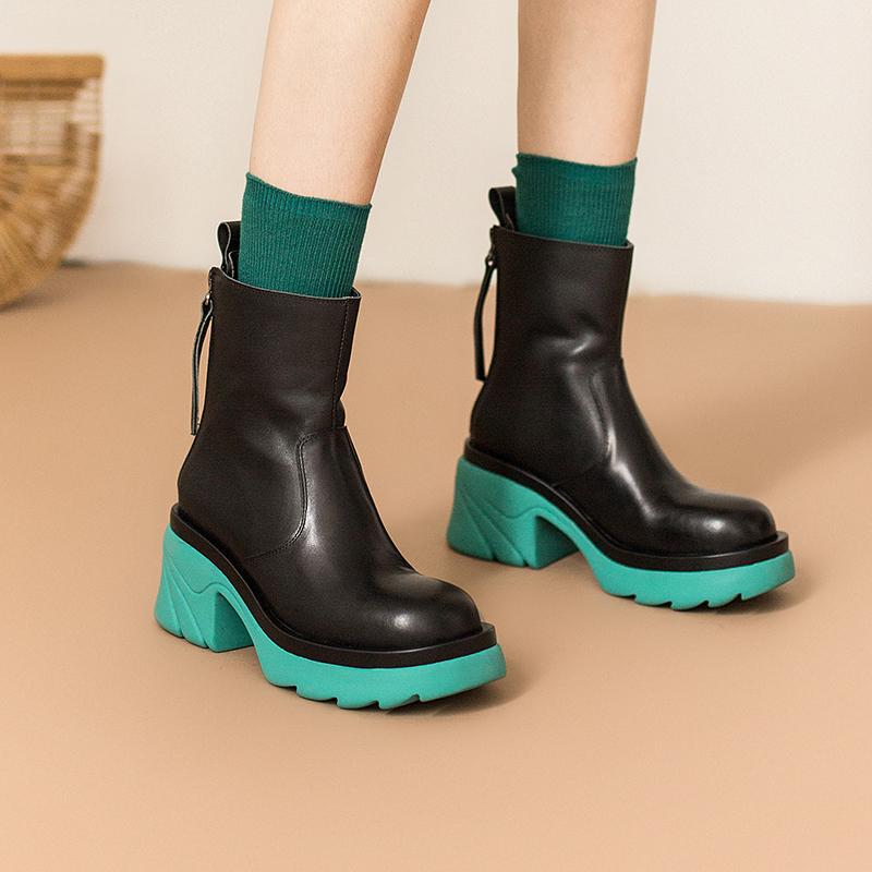 Colorful Sole Short Boots Chunky Riding Boots High Heel Back Zip