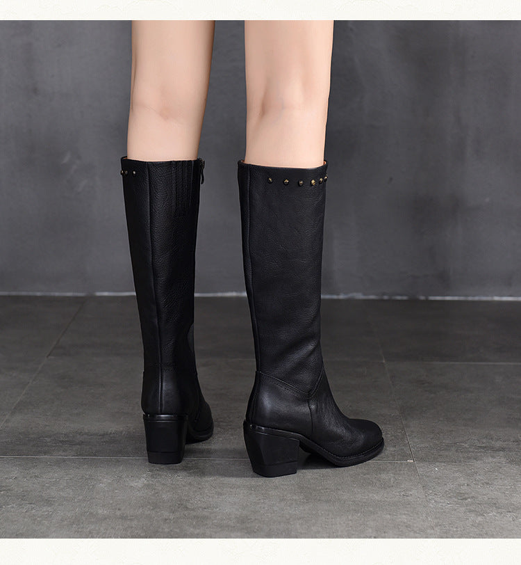 Retro Leather Zipper High Heel Long Boots