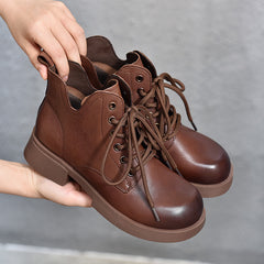 Vintage Leather Lace-Up Mid-Heel Boots