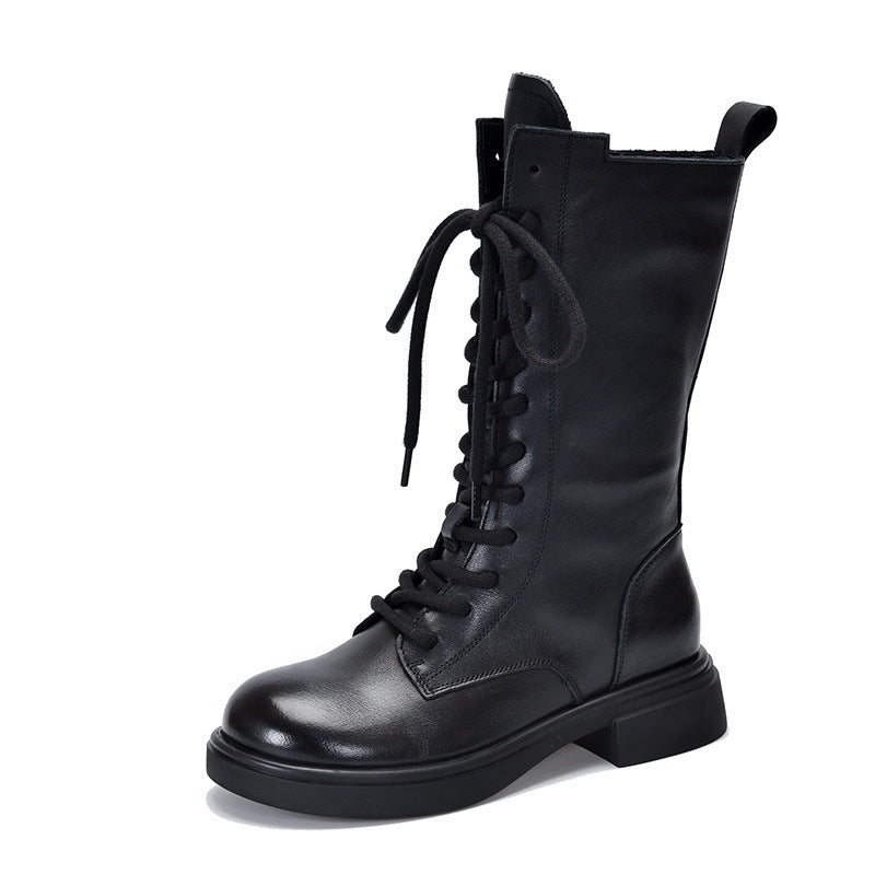 British Style Leather Velvet Strappy Mid-Heeled Long Boots