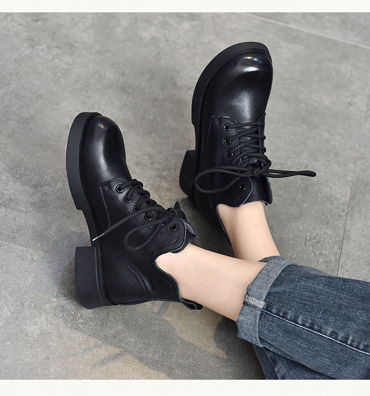 Vintage Leather Lace-Up Mid-Heel Boots