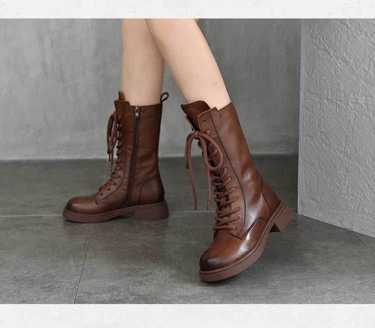 British Style Leather Velvet Strappy Mid-Heeled Long Boots