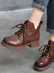 Vintage Leather Lace-Up Mid-Heel Boots