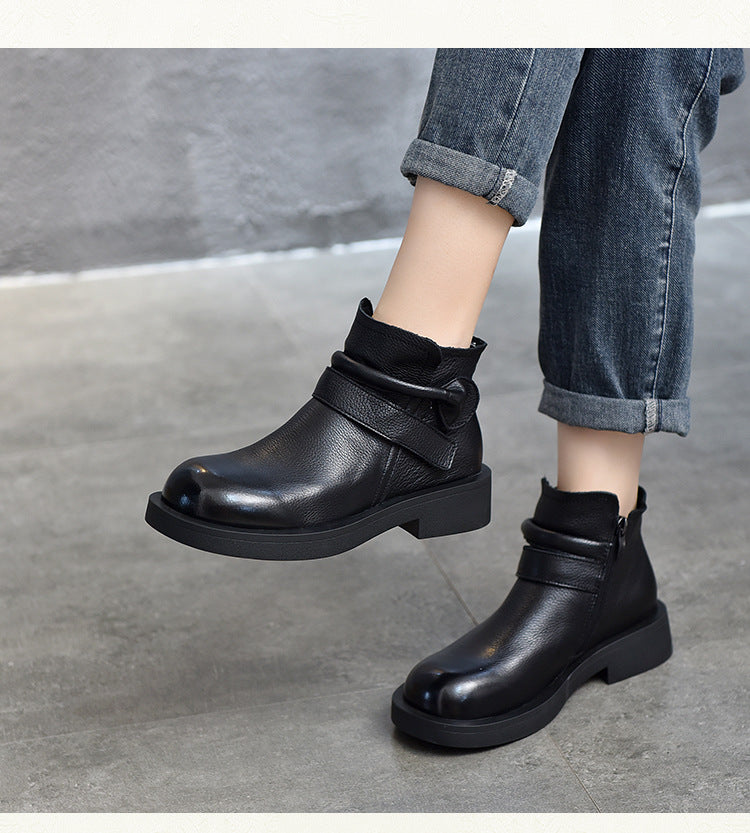 British Style Leather Mid-heel Short Boots