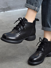 Vintage Leather Round Toe Lace-Up Boots