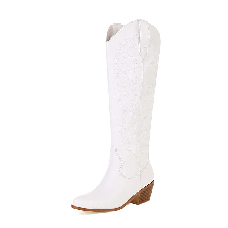 Casual White Embroidered Long Knight Boots