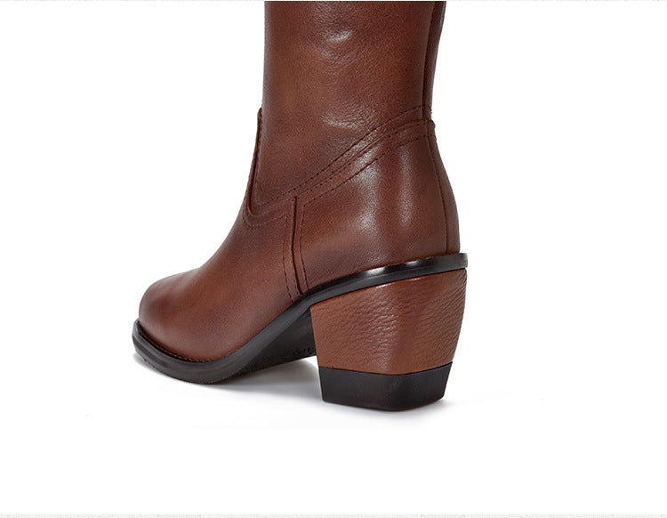 Classic Leather Side Zipper High Heel Long Boots