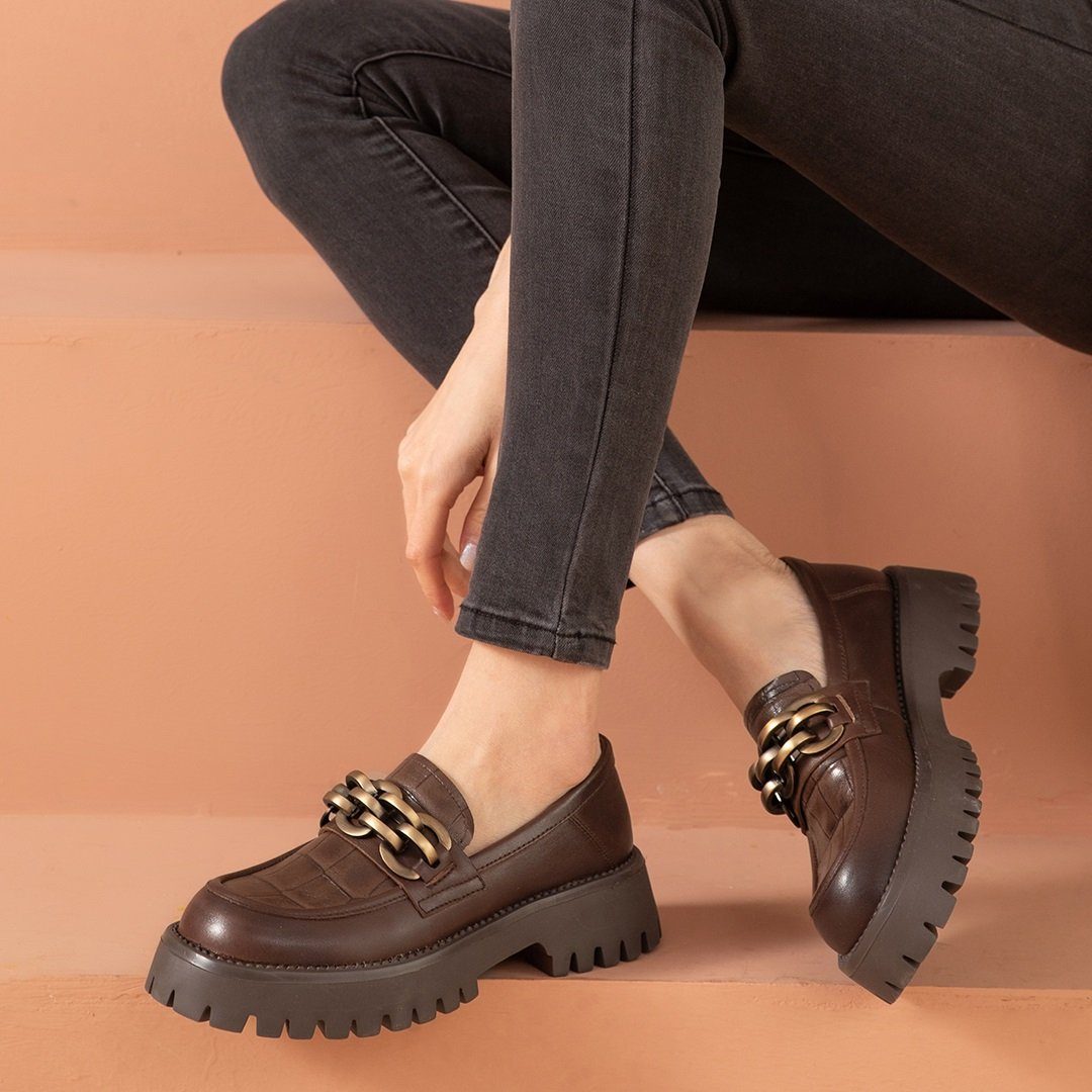 Chunky Loafers Genuine Cow Platform Shoes Round Toe Metal Chain Slip on Ladies Flats Handmade