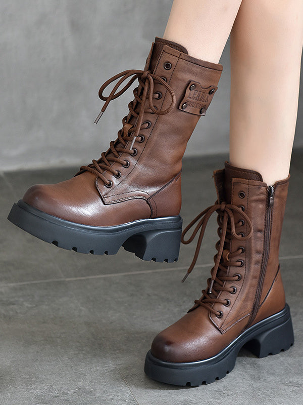 British Style Leather Lace-Up High Heeled Knight Boots