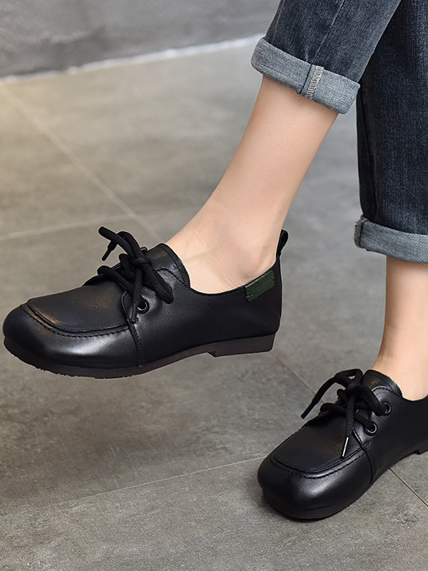 Casual Splicing Round Toe Lace-up Flat Leather Shoes