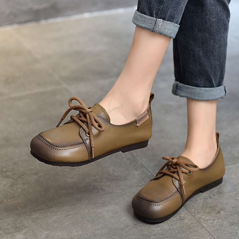 Casual Splicing Round Toe Lace-up Flat Leather Shoes