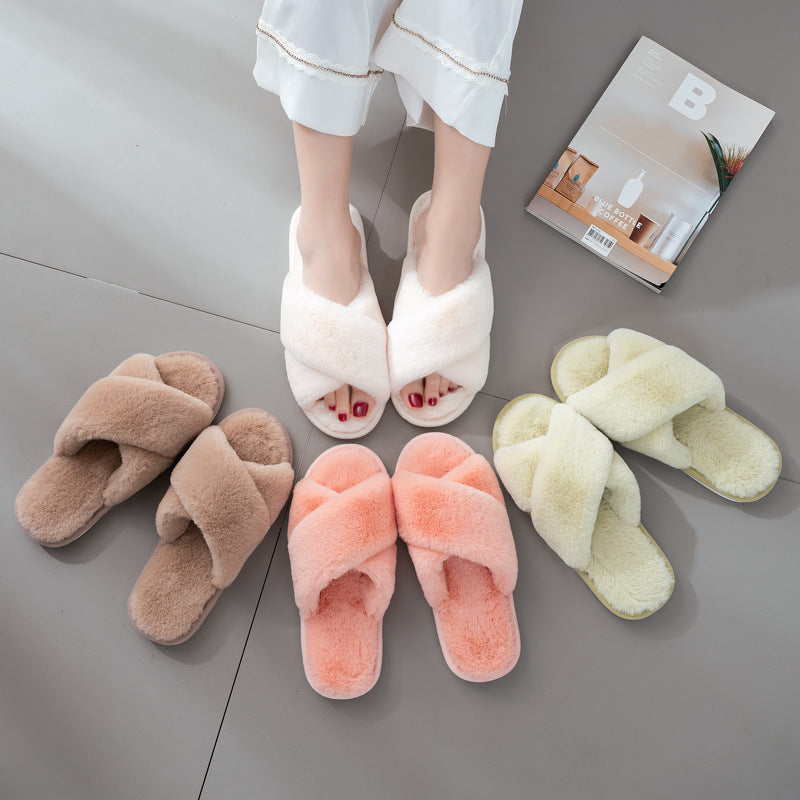 Simple Cross Flat Plush Slippers