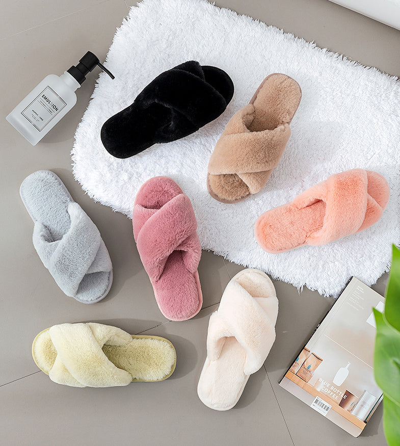 Simple Cross Flat Plush Slippers