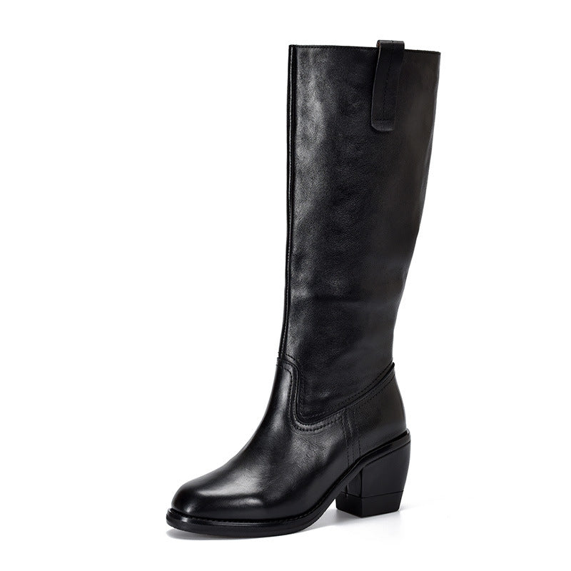 Classic Leather Side Zipper High Heel Long Boots