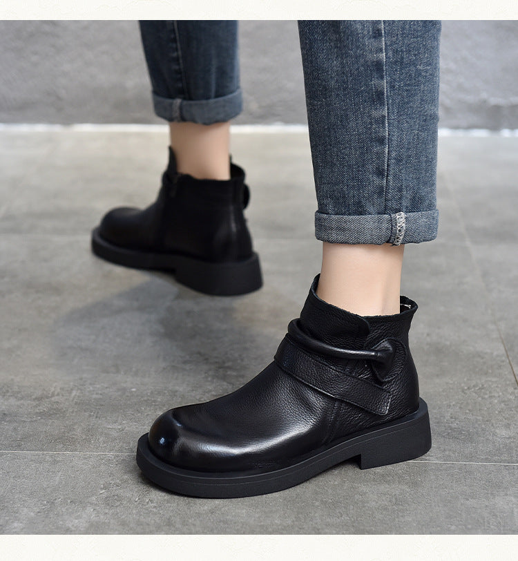 British Style Leather Mid-heel Short Boots