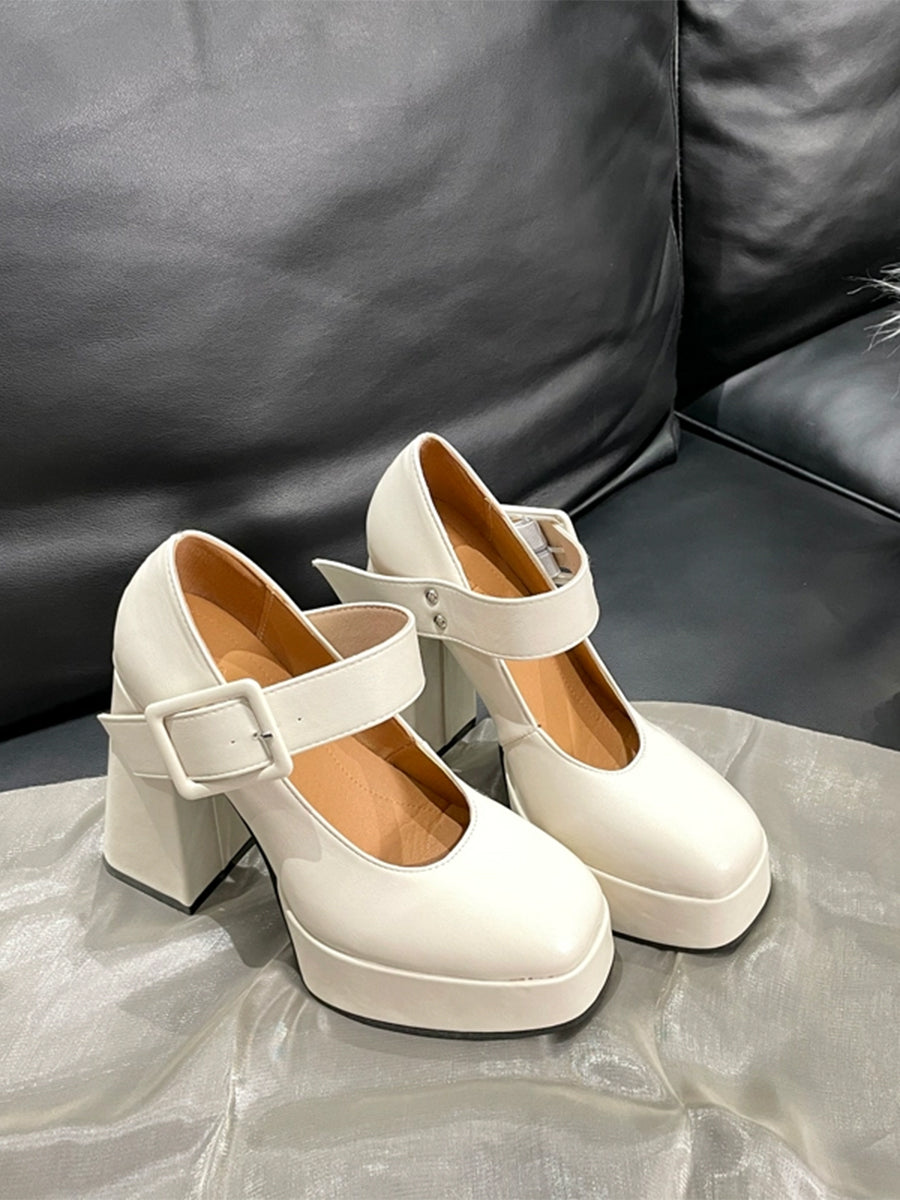 Zapatos Mary Jane de tacón grueso con plataforma y hebilla blanca decorativa