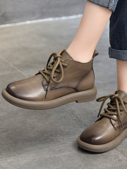 Versatile Leather Round Toe Flat Heel Short Boots