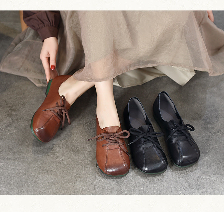 Casual Solid Color Round Toe Flat Leather Shoes