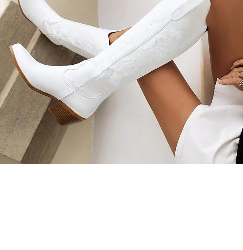 Casual White Embroidered Long Knight Boots