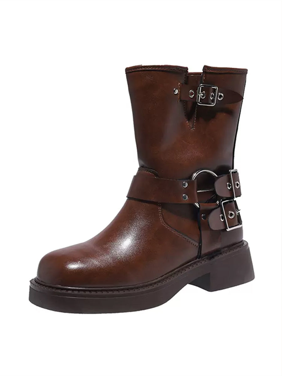 Western Buckle Straps Chunky Heeled Side Zip Boots