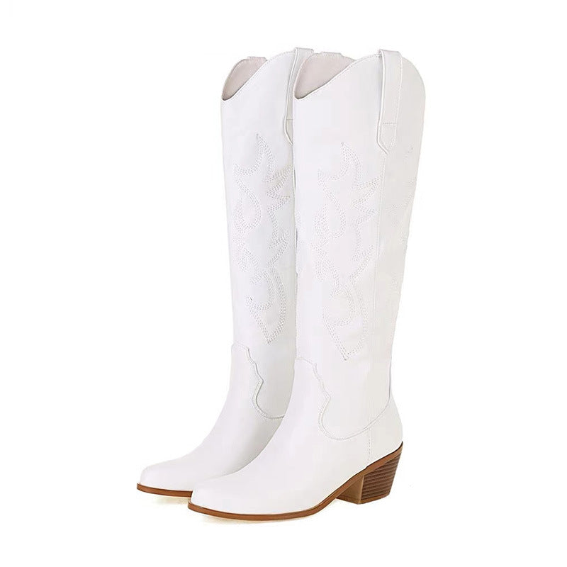 Casual White Embroidered Long Knight Boots