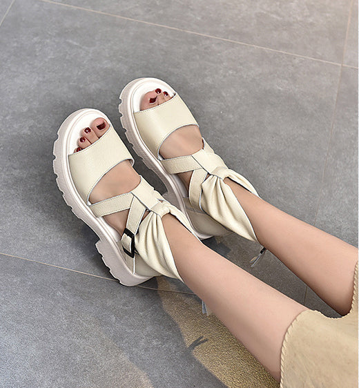 Retro Solid Casual Pleated Sandals