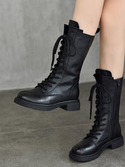 British Style Leather Velvet Strappy Mid-Heeled Long Boots