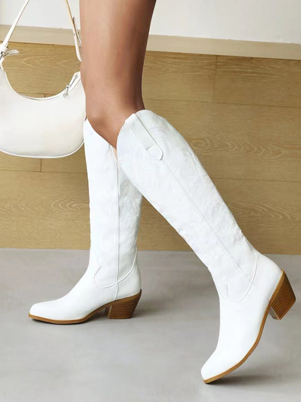 Casual White Embroidered Long Knight Boots