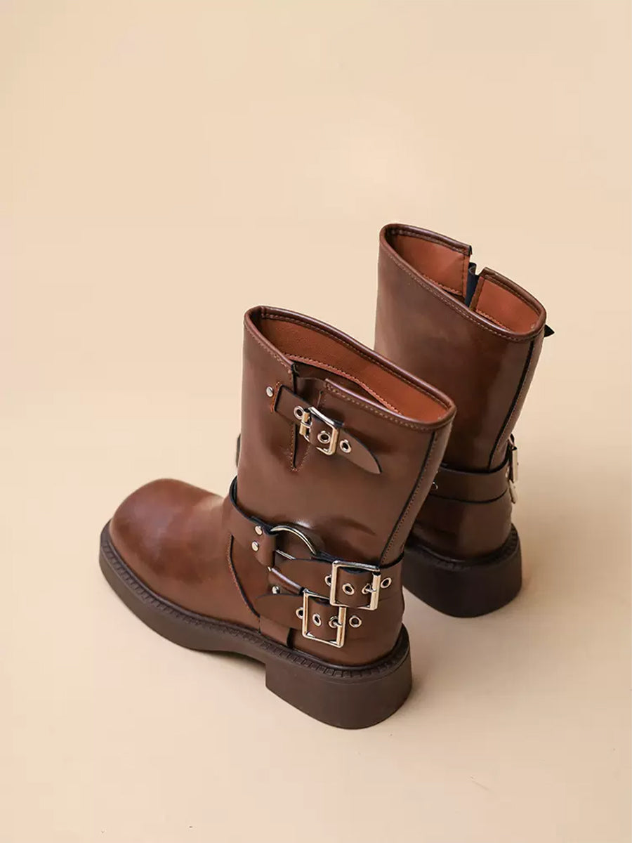 Western Buckle Straps Chunky Heeled Side Zip Boots