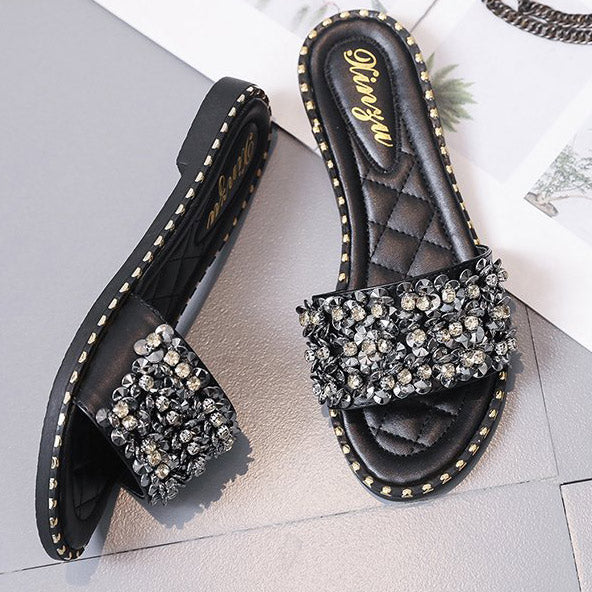 Pantuflas de PU con decoración de diamantes de imitación para mujer