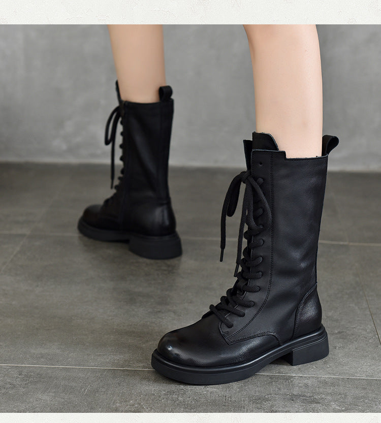British Style Leather Velvet Strappy Mid-Heeled Long Boots