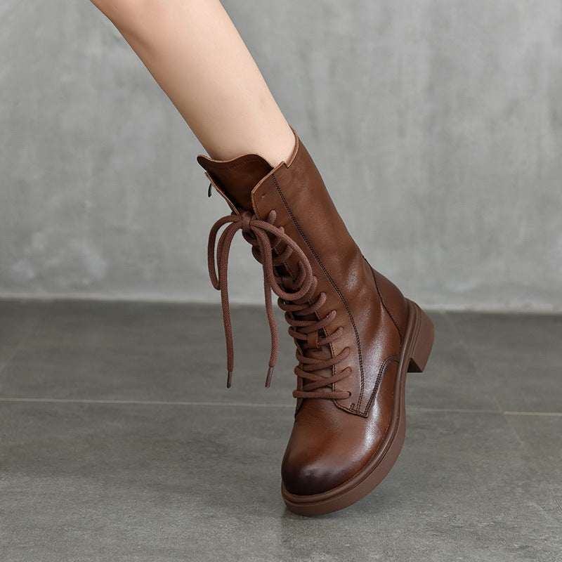 British Style Leather Velvet Strappy Mid-Heeled Long Boots