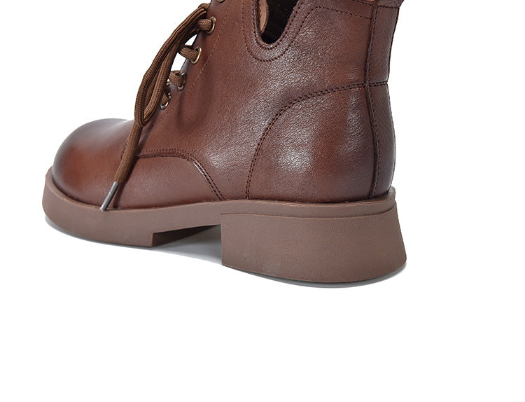 Vintage Leather Lace-Up Mid-Heel Boots