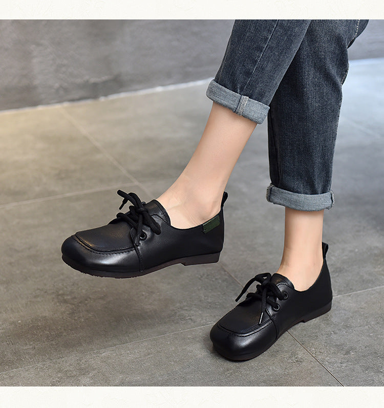 Casual Splicing Round Toe Lace-up Flat Leather Shoes