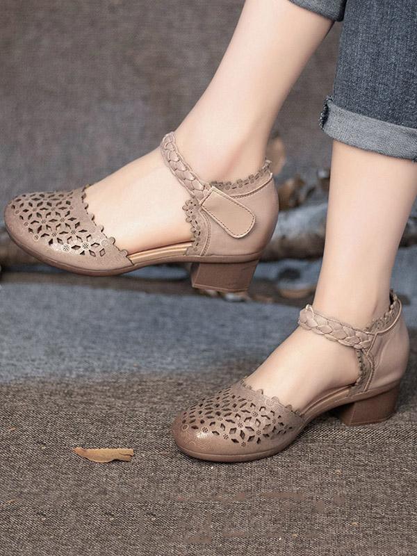 Vintage Hollow Mid Heel Sandals