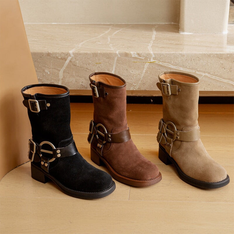 Suede Short Boots Buckle Boots Big Round Toe