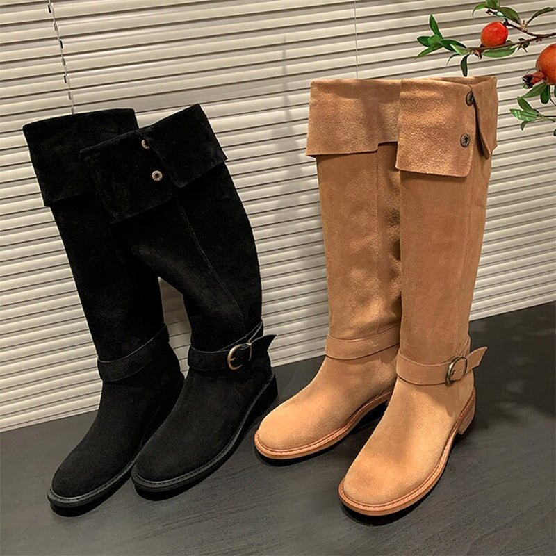 Botas altas de ante para mujer, tacón de bloque de 75 mm