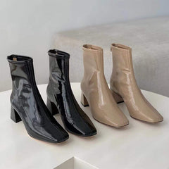 Squared Toe Nude Boots Block Heeled Black/Nude