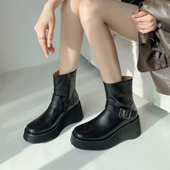 Platform Wedge Boots 70mm Heeled with Buckle and Size Zipper