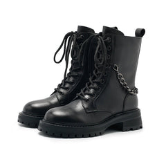 Short Boots Lace up Combat Boots with Metal Chain Detail