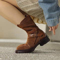 Womens Suede Mid Calf Boots for Winter Buckles Boots