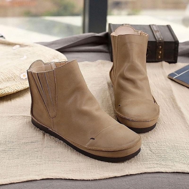 Retro Genuine Soft Flat Boots Round Toe Chelsea Boots Wide Fit Apricot Coffee