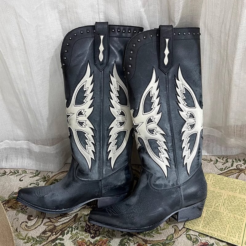 Damen Westernstiefel mit Stickerei im Retro-Stil - Schwarze Cowboystiefel mit Kontrastnähten