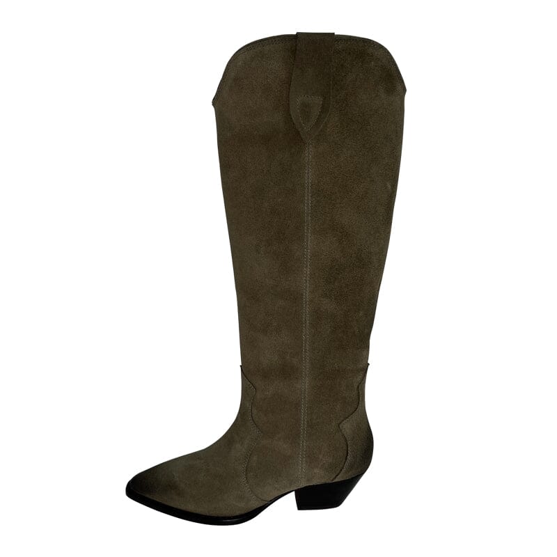 Womens Western Suede Knee High Boots Block Heel - Khaki/Black/Grey/Brown Cowgirl Boots All Genuine Leather