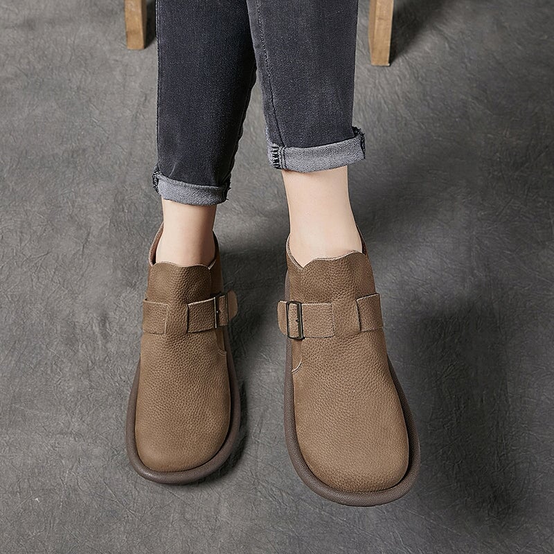 Women's Ankle Boots Round Toe Retro Flat Shoes Casual Buckle Boots Khaki/Coffee