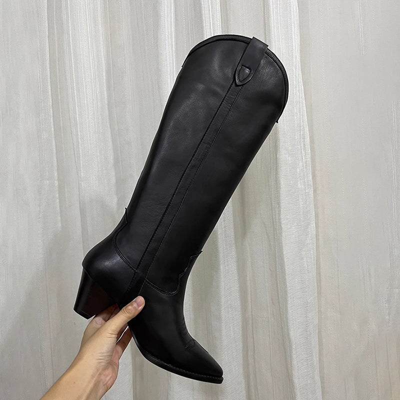 Kniehohe Westernstiefel aus Wildleder für Damen mit Blockabsatz - Grau/Braun/Schwarz Cowgirlstiefel, komplett aus echtem Leder