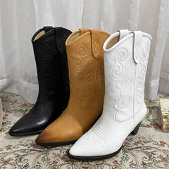 Womens Embroidered Western Boots Block Heel Short Boots All Genuine Leather