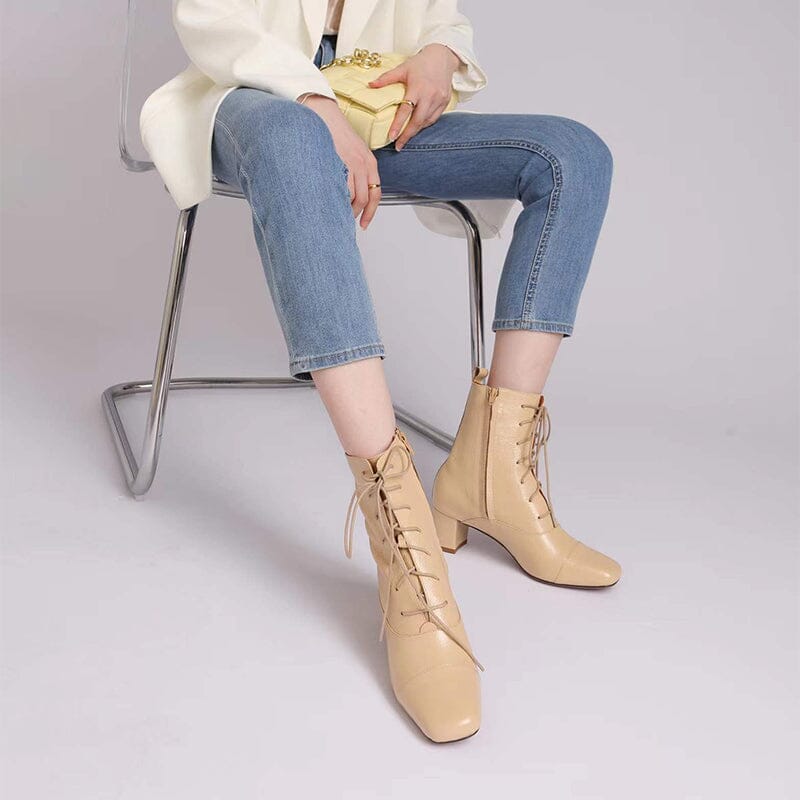 Lace-up Ankle Boots Nude Elegant Glove-Like Retro Boots Block Heel