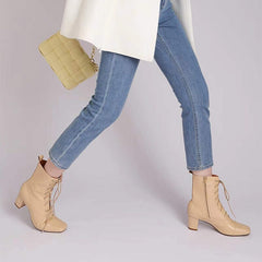 Lace-up Ankle Boots Nude Elegant Glove-Like Retro Boots Block Heel