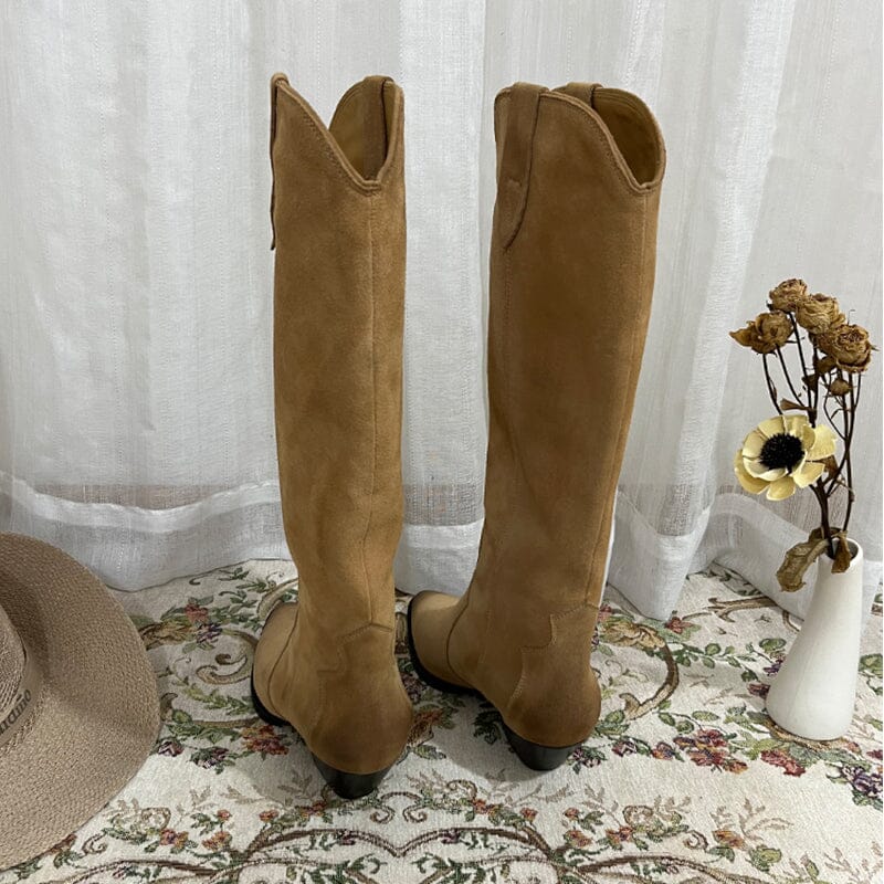 Womens Western Suede Knee High Boots Block Heel - Khaki/Black/Grey/Brown Cowgirl Boots All Genuine Leather